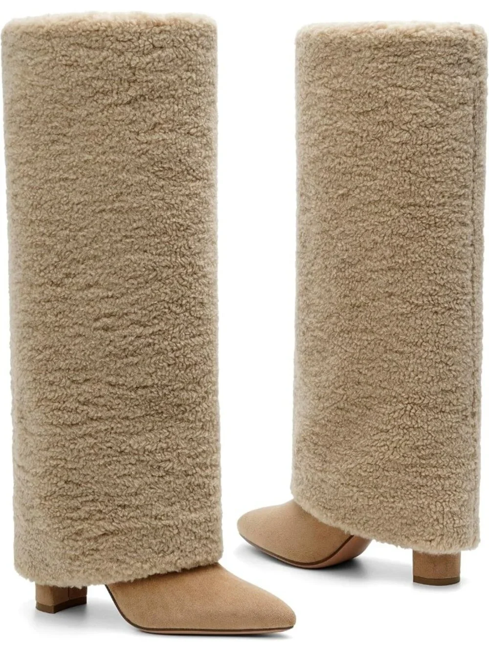 Women's Nude Fur Pointed Toe Chunky Heel Faux Leather Over The Knee Boots